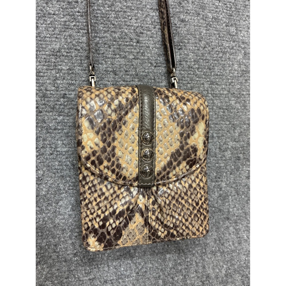Brighton Snakeskin Embossed Leather Crossbody Organizer Bag Brown Tan